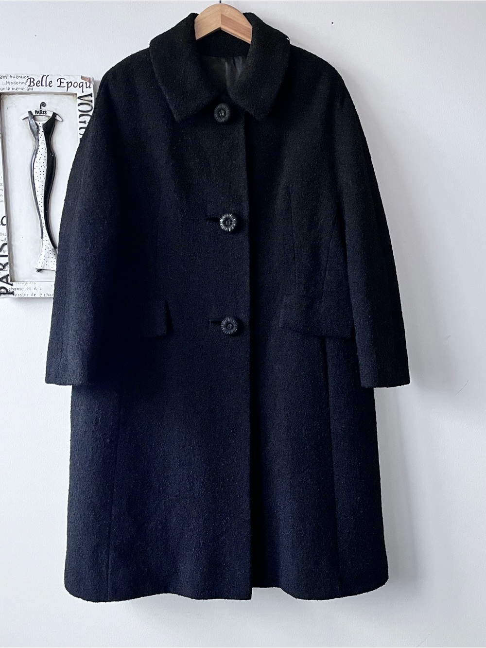 Vintage 50s 60s Black Wool Women’s Textured Classic Minimalist Swing Coat
